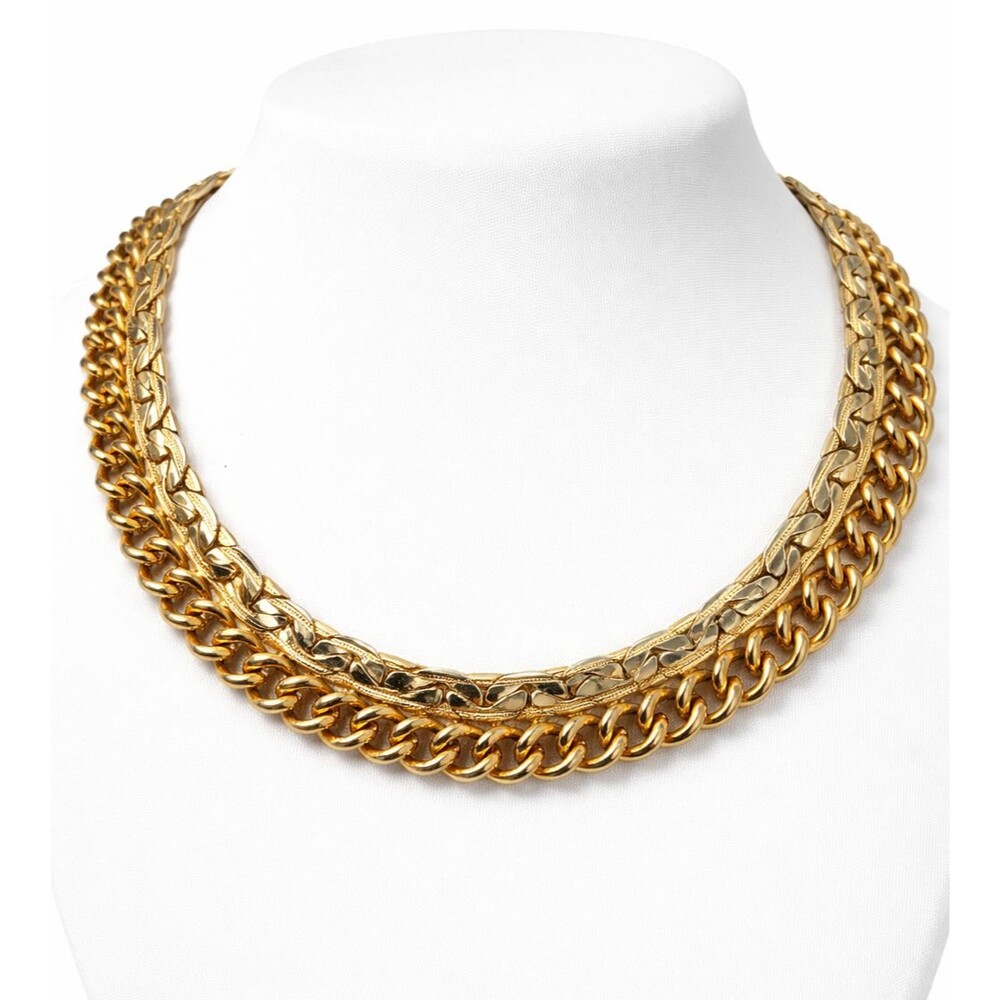 Vintage 70s Gold Tone Triple Strand Collar Necklace Chunky Curb Chain Choker 14"